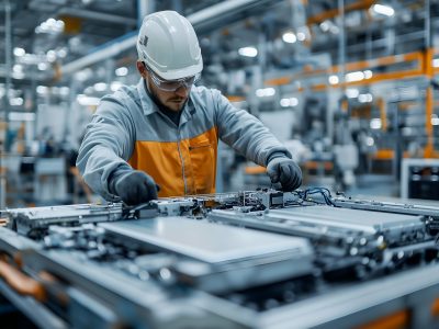 A dedicated worker wearing a hard hat and goggles is working on a battery cell production line at a modern factory for electric vehicles, electronic equipment, and energy storage systems.