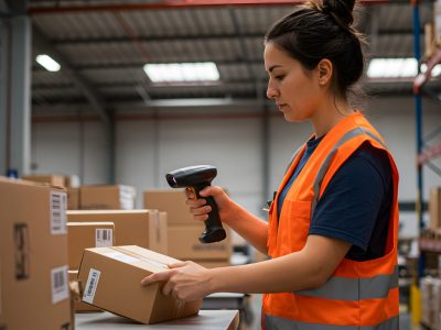 Warehouse worker scanning barcode on box, Woman using barcode scanner in logistics center, Generative AI image